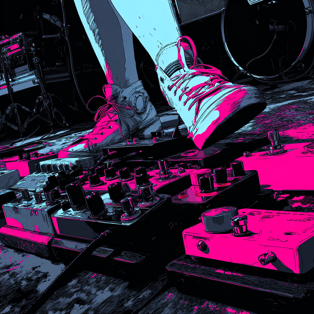 Guitarist with pedalboard